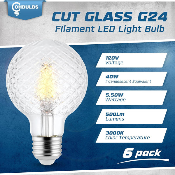 G25 Clear LED Light Bulb, E26 Base, 5.5-Watt, Dimmable, Cut Glass, 4-Filament LED, 3000K - Pack of 6